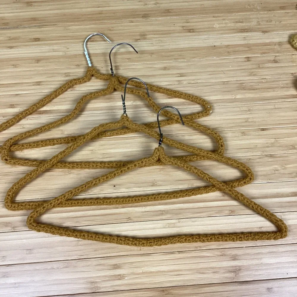 Vintage 1970s Set of 7 Crocheted Wire Hangers Mustard Yellow